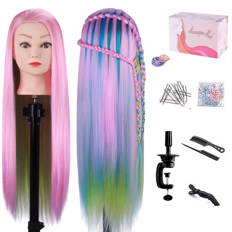 MYSWEETY 29 Inch Colorful Hair Mannequin Head Hairdressing Practice Training Doll Heads Cosmetology Hair Styling Mannequins Heads with Clamp + Practice Tools(PINK) - Image 1